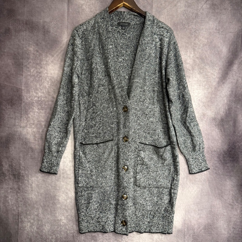 Ann Taylor Womens Small Marled Gray Longline Button Front Cardigan Sweater